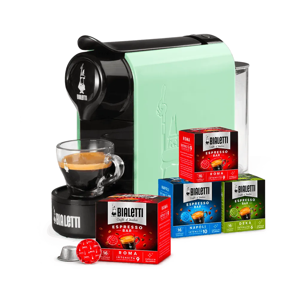 Macchina Expresso GIoia verde e 4 box di capsule Bialetti