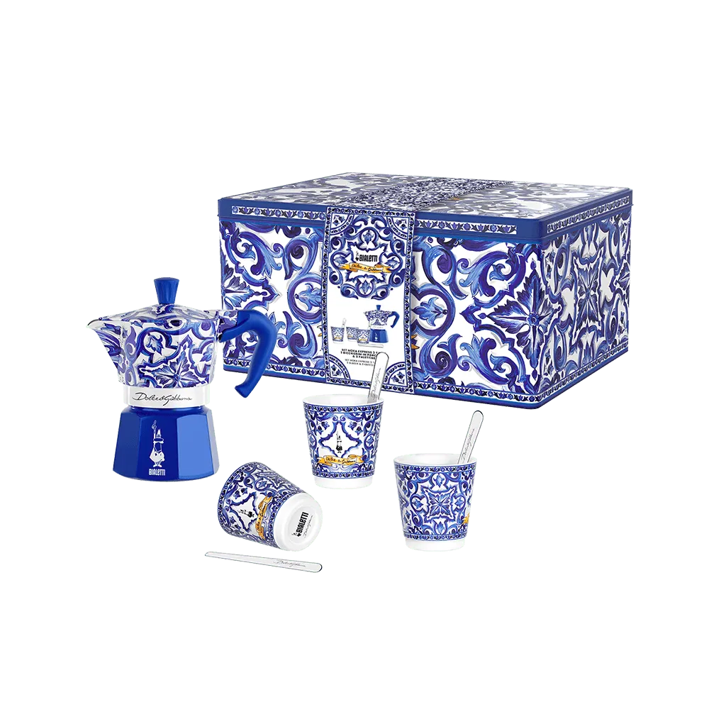 Set Moka Express Blu Mediterraneo 3 tz, 3 bicchierini di porcellana e 3 palettine argentate