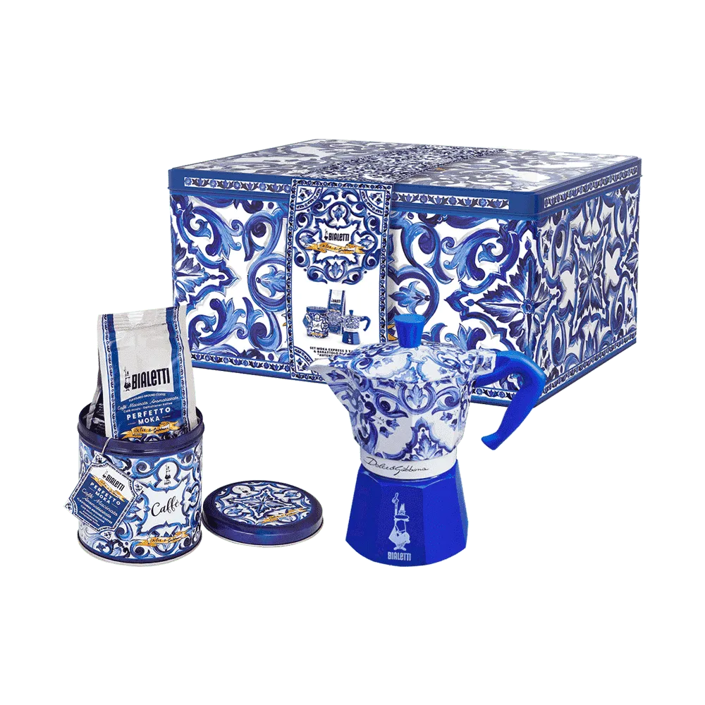 Set Moka Express Blu Mediterraneo 3 tz e Perfetto Moka Autentico