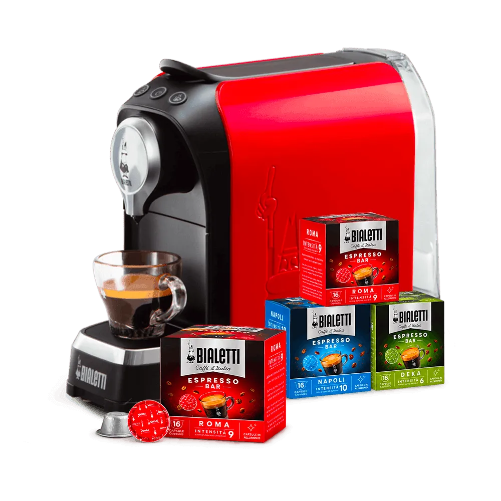 Macchina Super Rossa e 4 box di capsule Bialetti