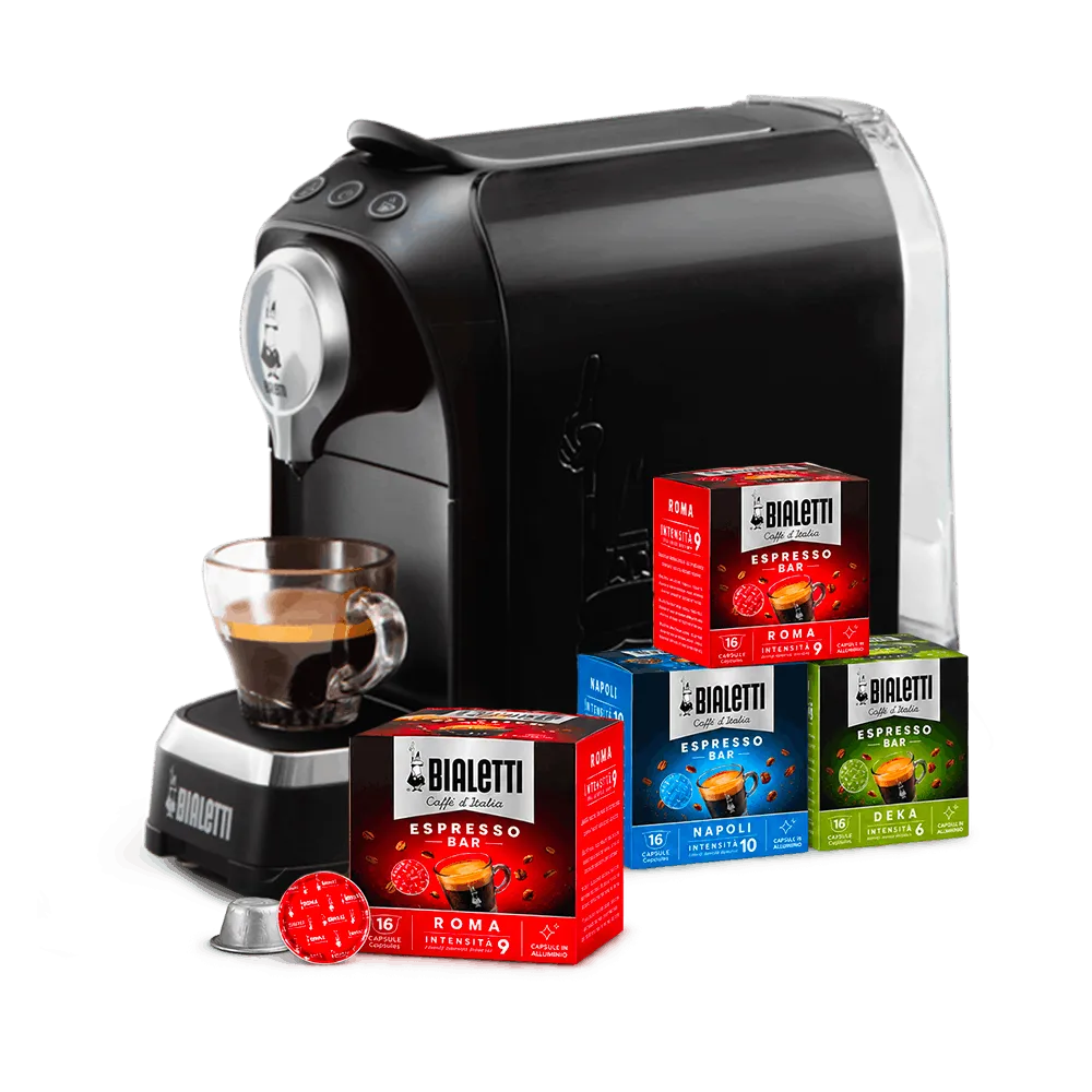 Macchina Super Nera e 4 box di capsule Bialetti